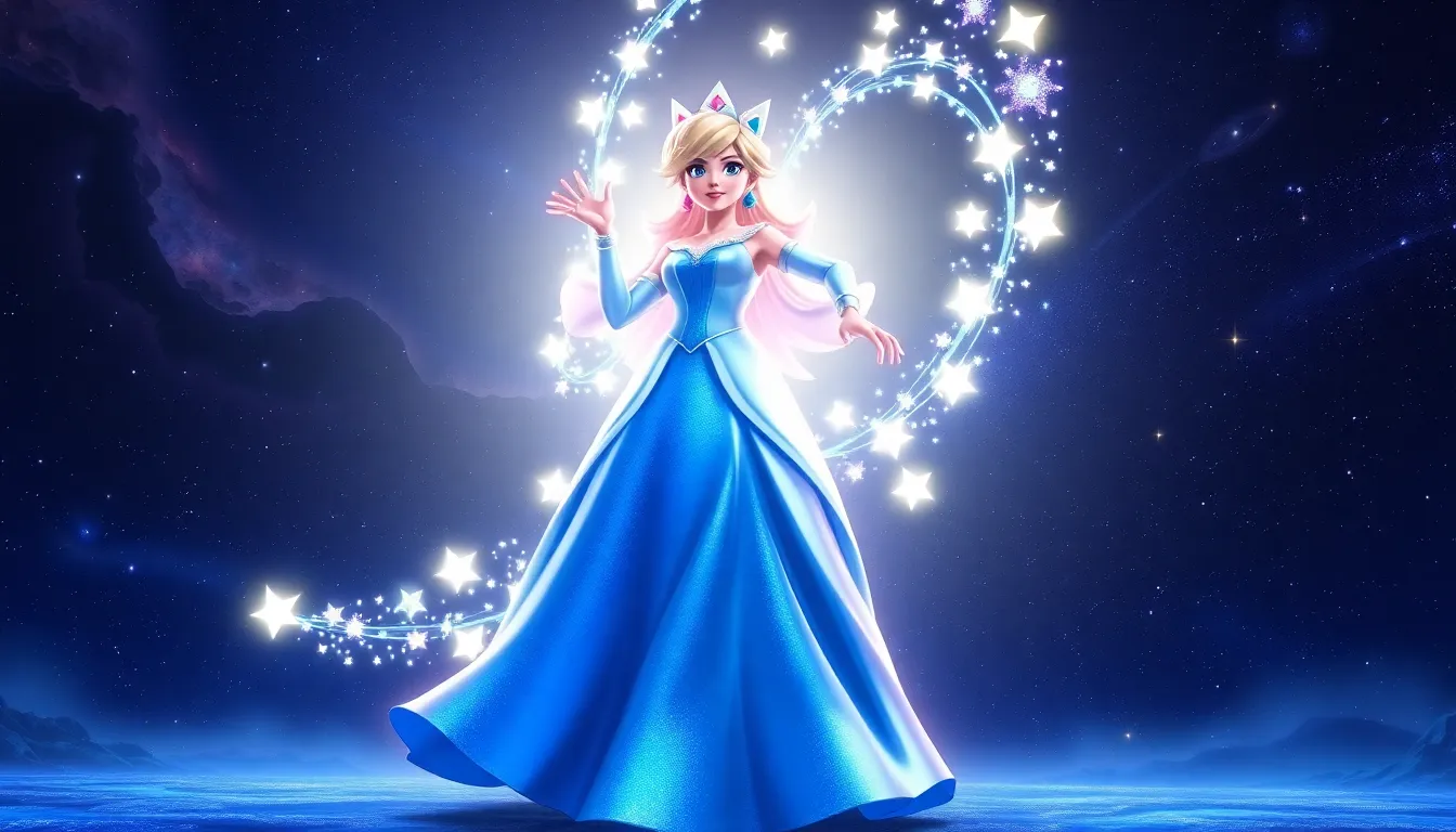Rosalina creating a cosmic barrier while surrounded by glowing star bits.