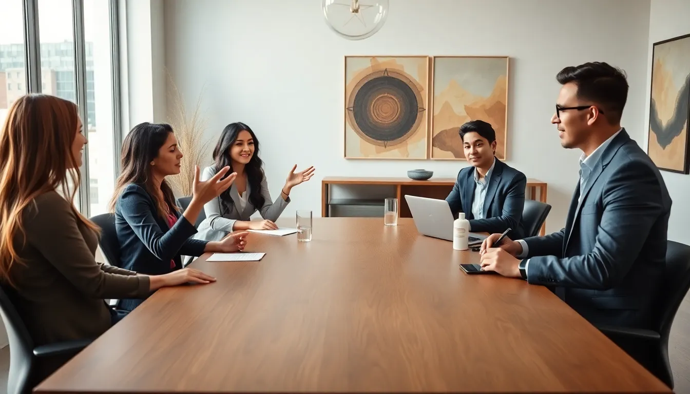 diverse professionals discussing the origins of Jessica's Coven in a modern office.