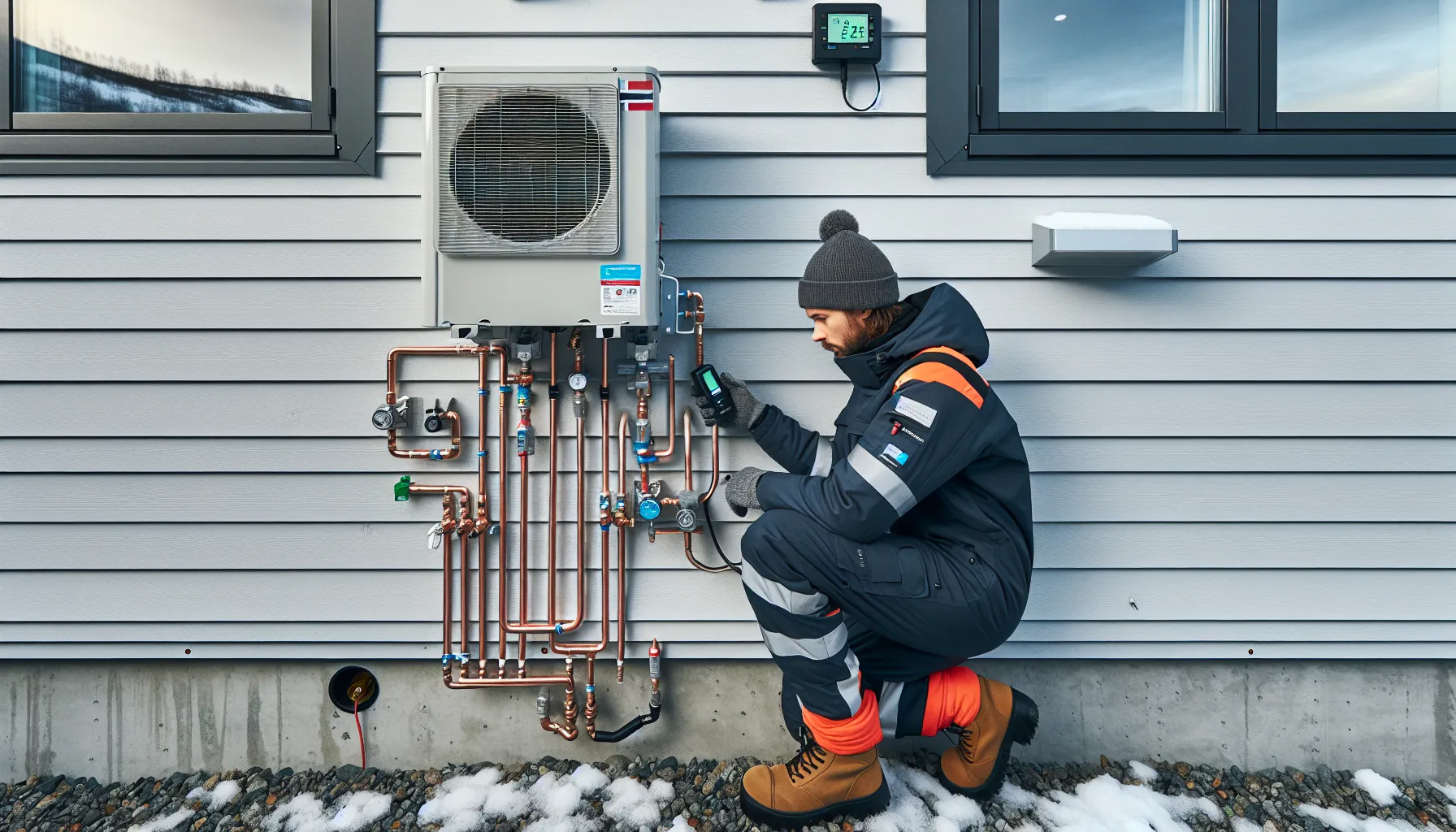 Technician checks r290 heat pump joints on a norwegian house in winter.