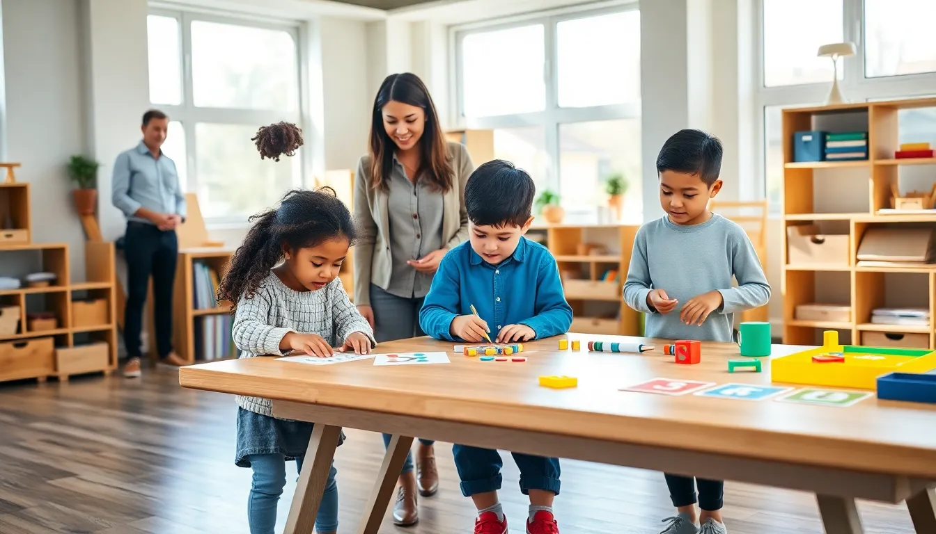 children engaged in learning activities in a Montessori classroom.