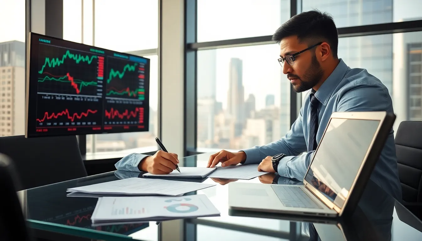 Investor analyzing market data in a modern office setting.