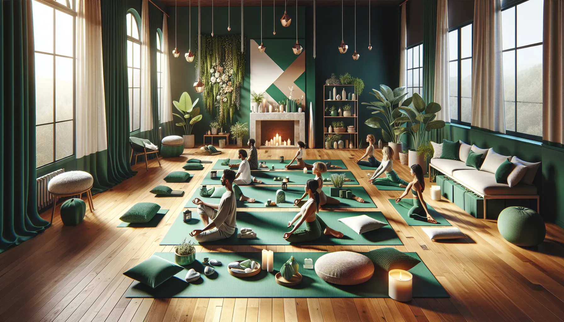 serene home yoga studio with diverse people practicing yoga.