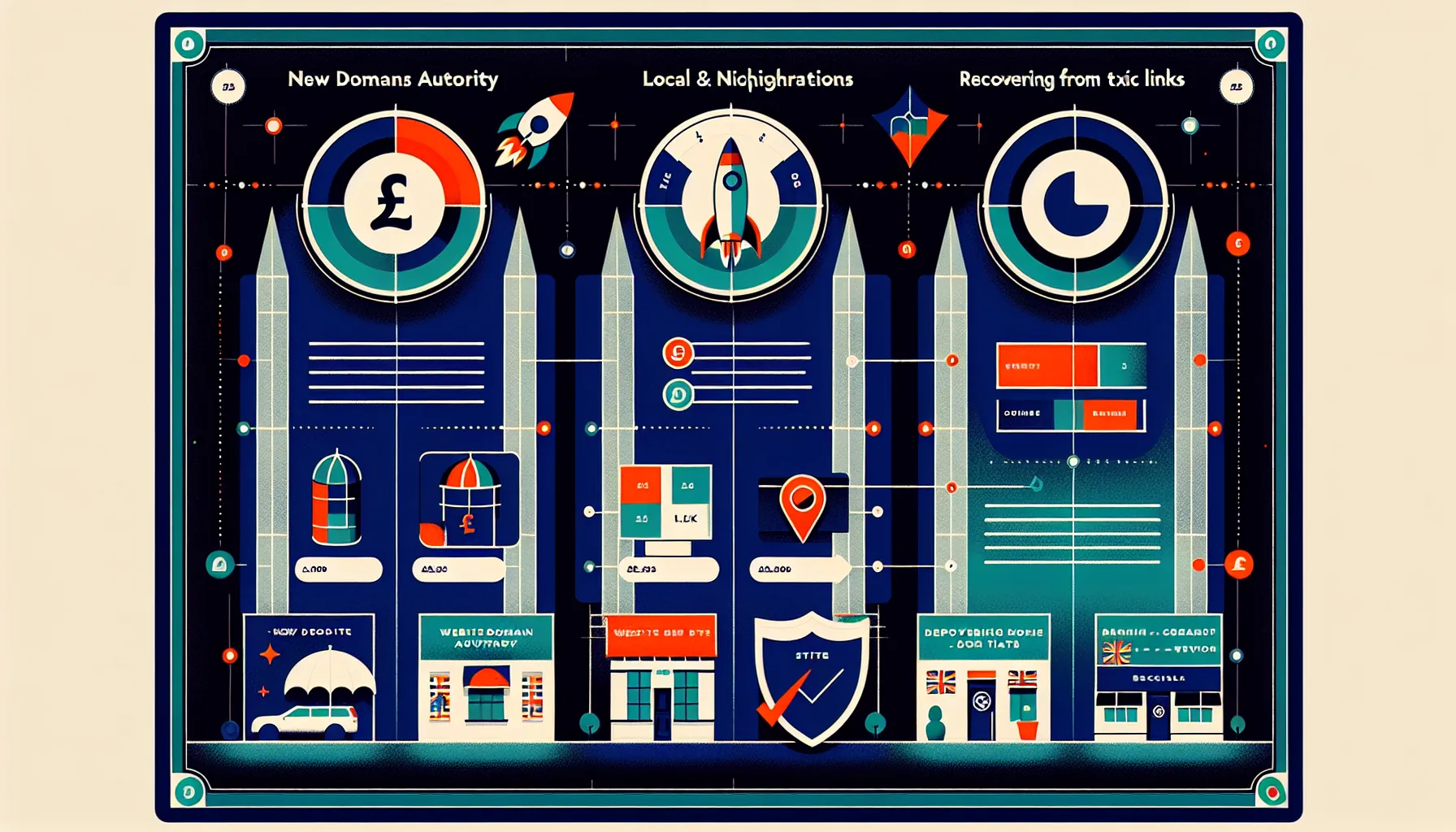 Three-column UK guide to boosting website domain authority for key scenarios.