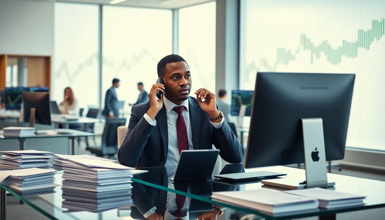 brokerage clerk engaging with clients in a modern office.