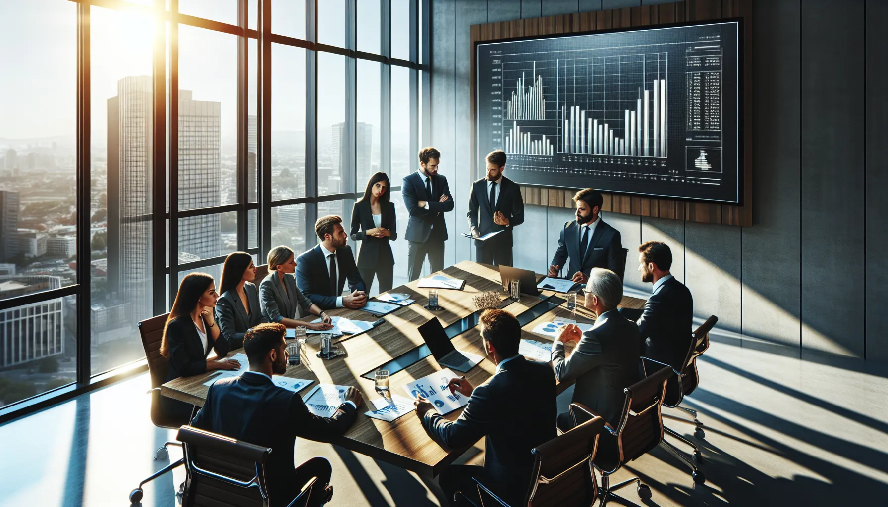 Business professionals analyzing financial margins displayed on a screen in an office.