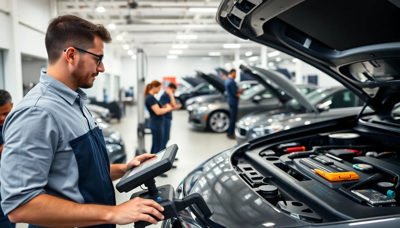 diverse team of auto professionals in a modern service center.