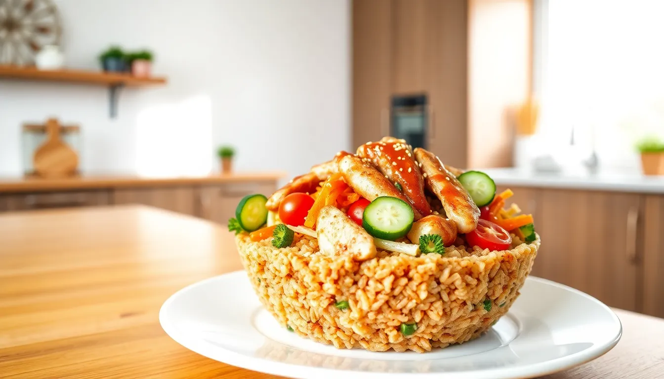 colorful healthy rice bowl with vegetables and chicken on a white plate.