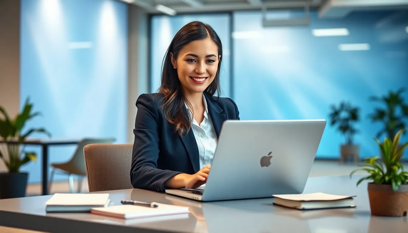 professional woman at a modern workspace, engaging on a laptop.