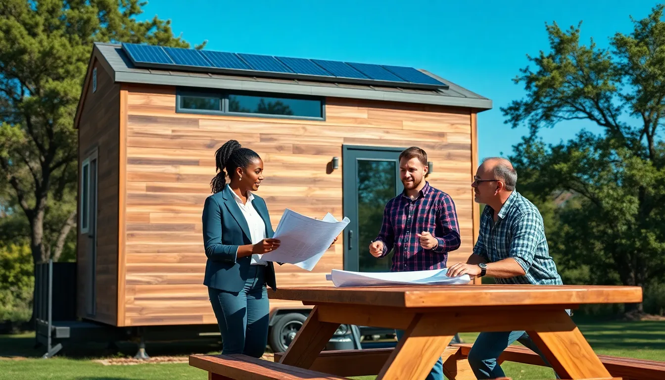 diverse group discussing tiny home plans in an Austin setting.