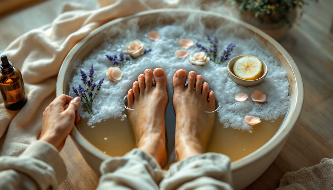A woman's feet soaking in a warm Epsom salt bath with lavender and oil.