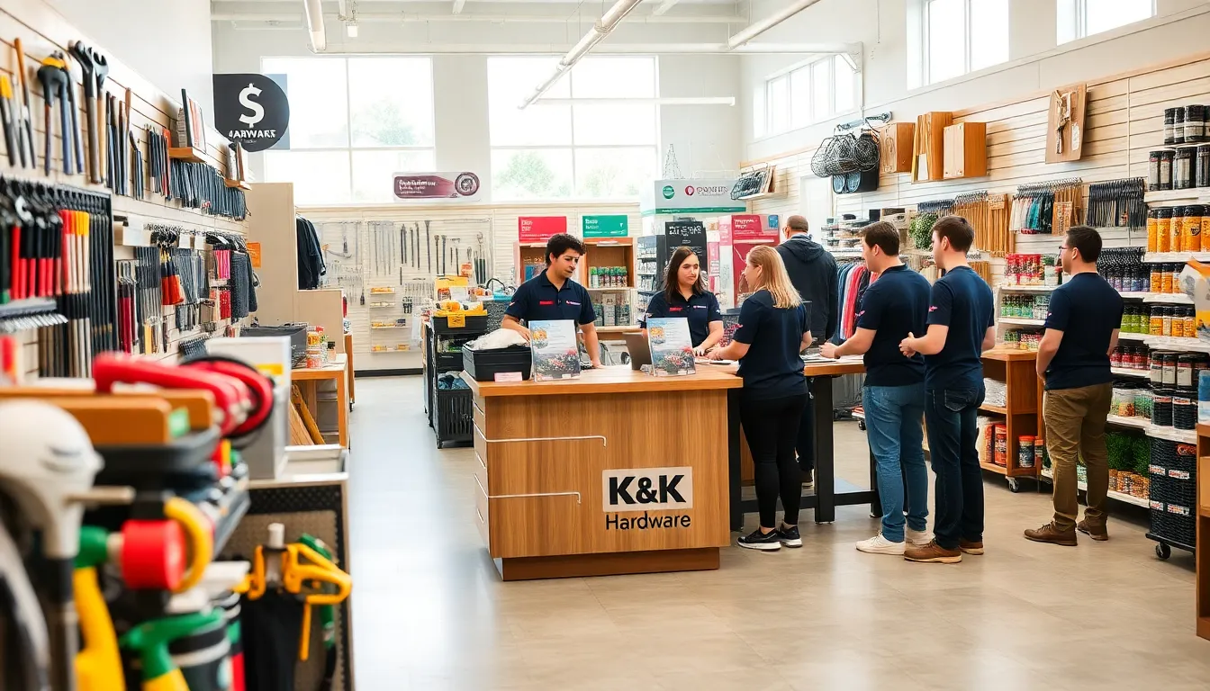 diverse staff assisting customers in a modern hardware store.