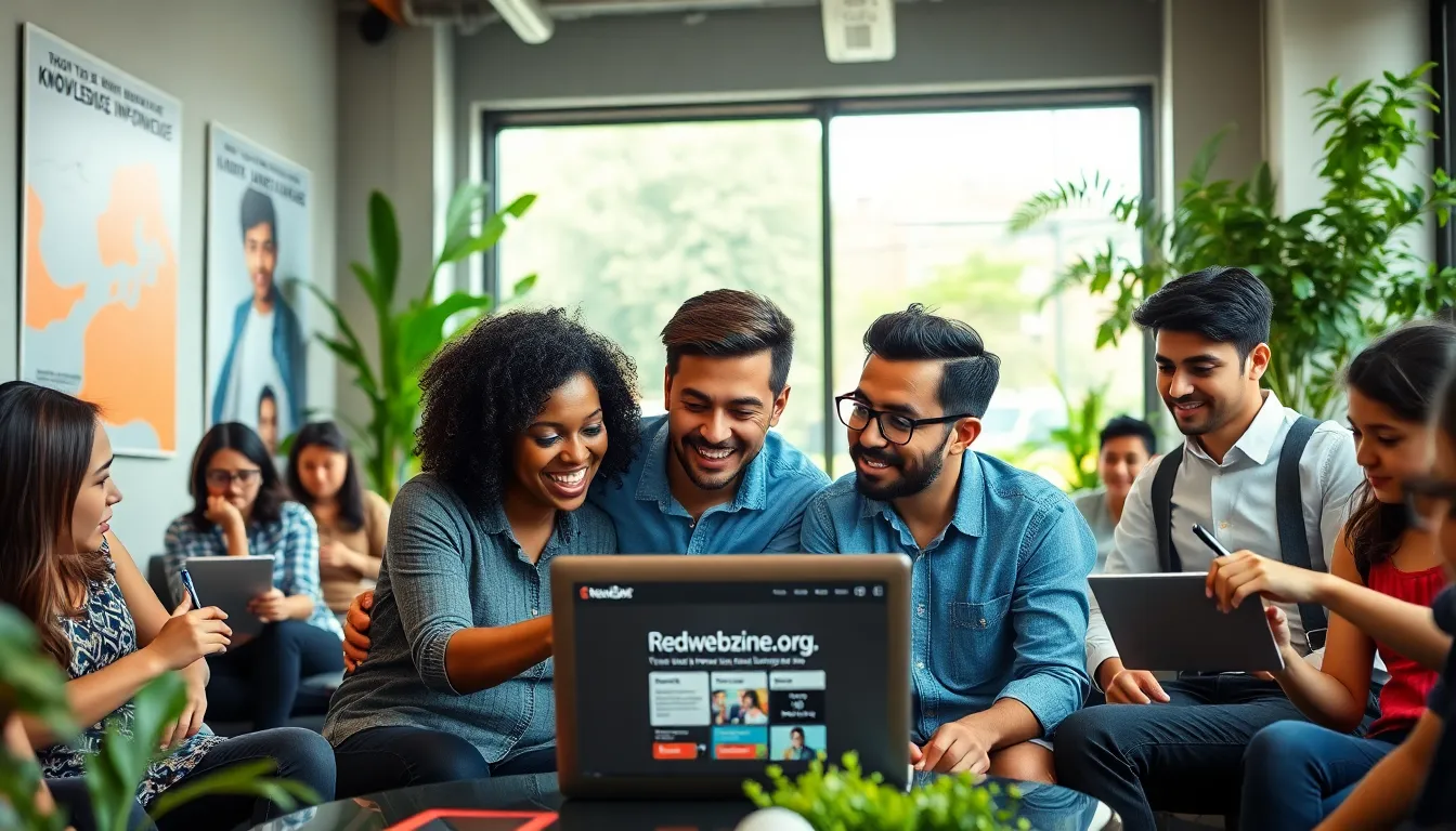 a diverse group discussing ideas in a bright co-working space.
