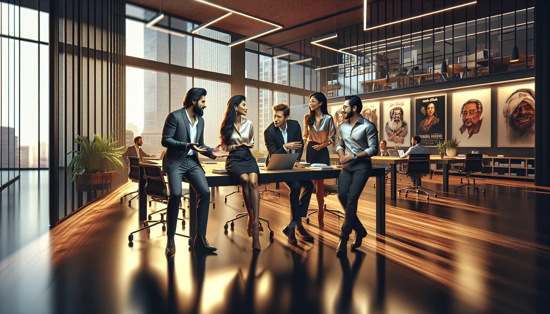 professionals discussing Telugu cinema in a modern office setting.