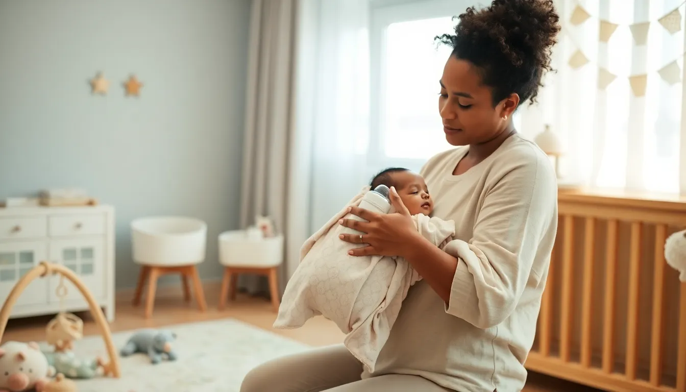 parent burping a baby in a modern nursery.