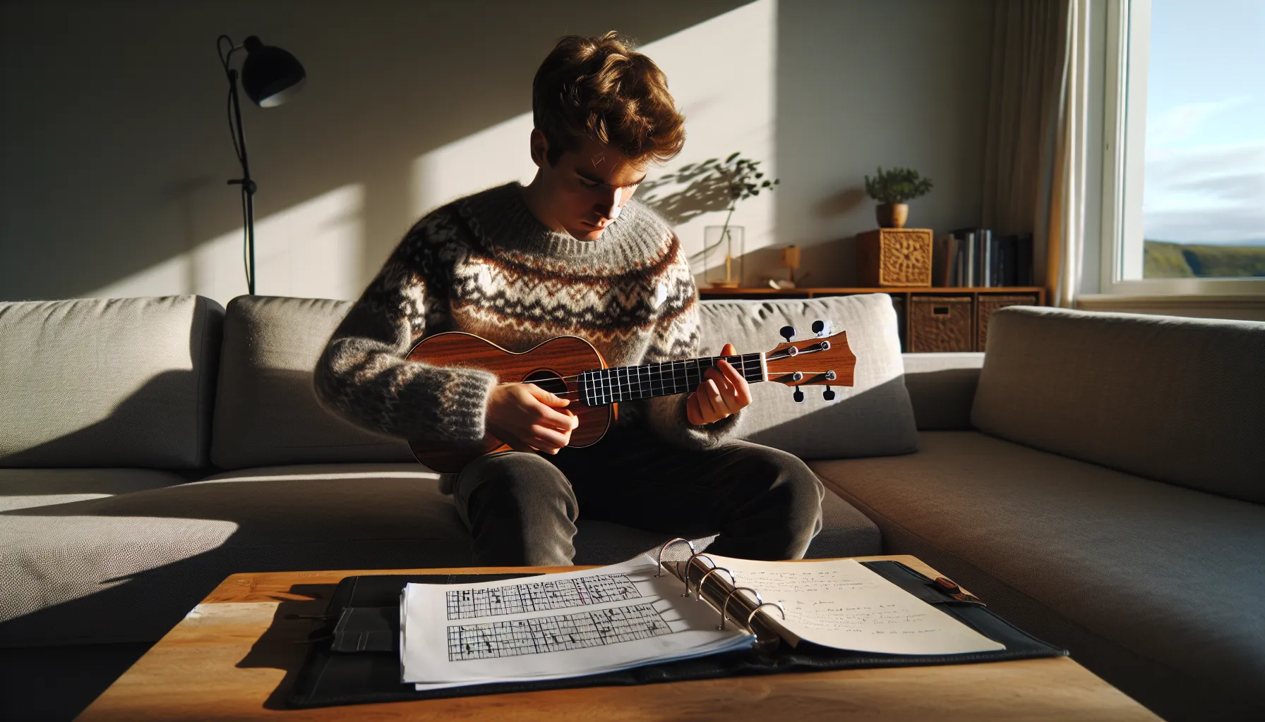 Norwegian beginner practicing ukulele with chords, tabs, and sheet music on table.