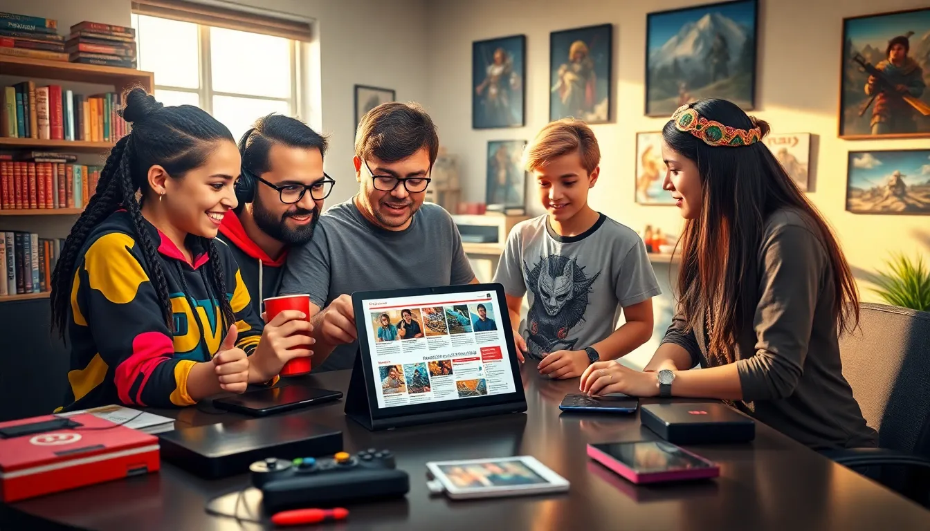 a diverse group of gamers discussing Neverwinter's RedWebzine in a cozy workspace.