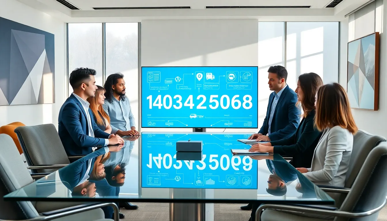 team discussing data management around a conference table in a modern office.
