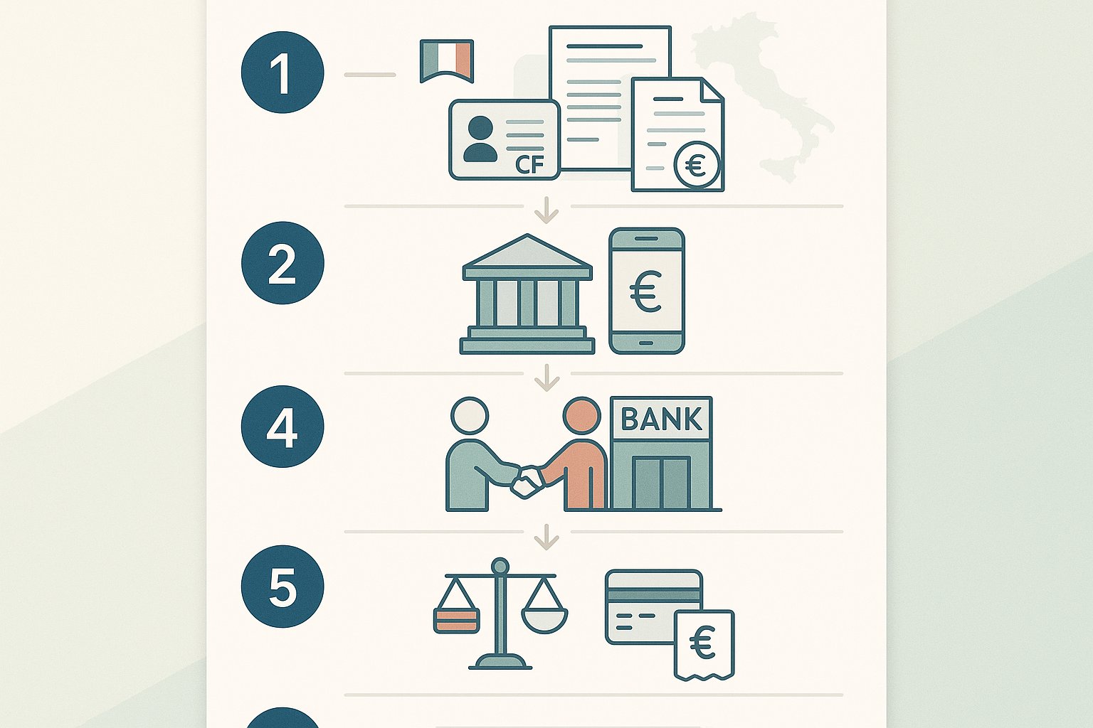 Infografica passo-dopo-passo di sei azioni pratiche per l'approvazione del prestito in Italia.