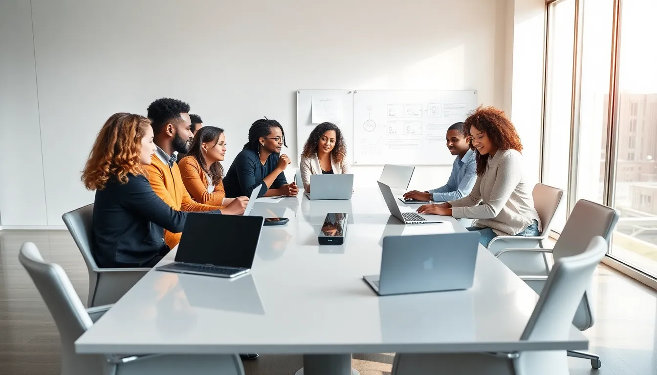 diverse professionals discussing technology in a modern office.