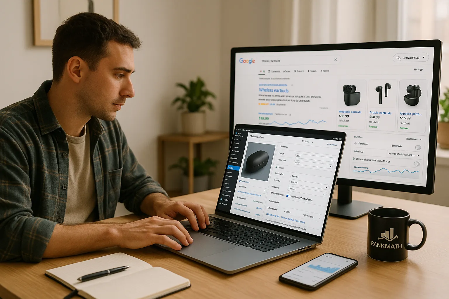 RankMath for WooCommerce: A Practical SEO Guide for Online Stores 3 Marketer using RankMath to optimize a WooCommerce product page with rich SEO data.