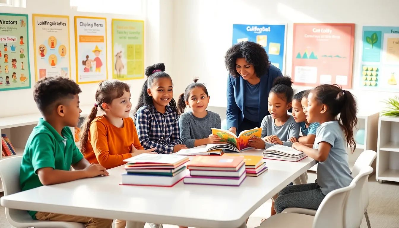 children engaging in a literacy activity in a bright classroom.