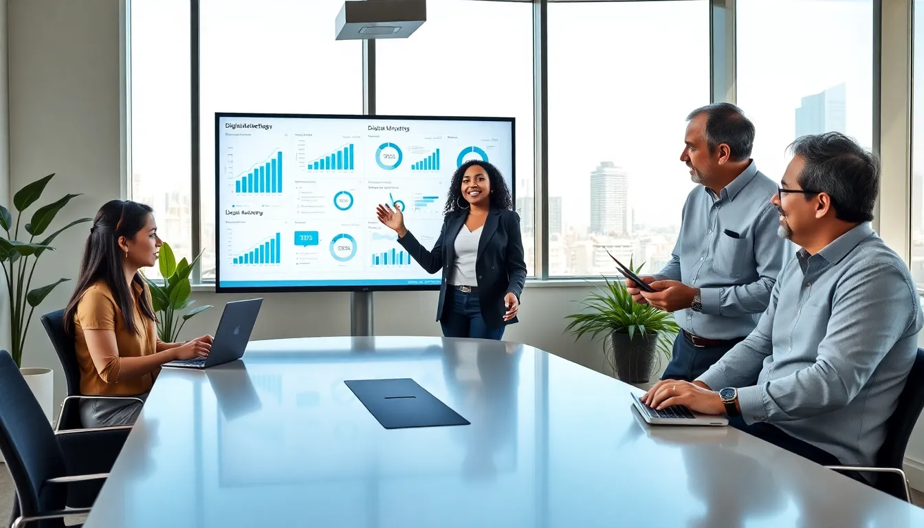professionals collaborating in a modern office discussing digital marketing strategies.