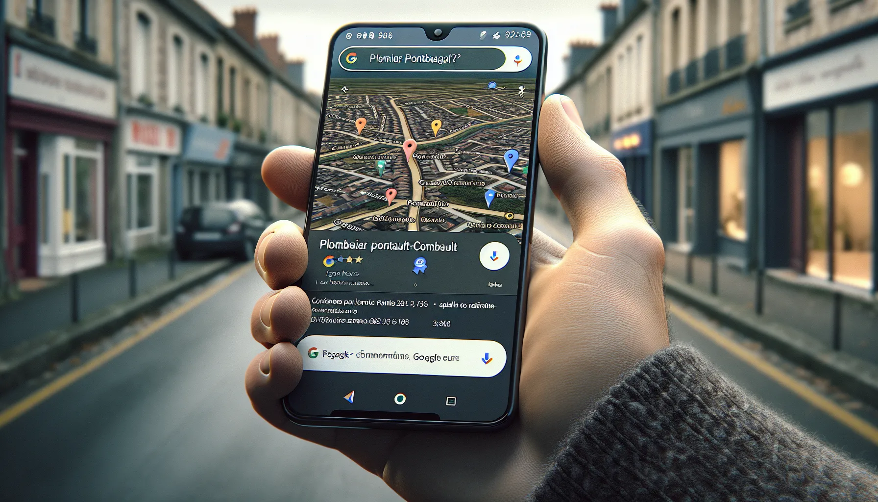 Person viewing Google Maps local business results on a smartphone in Pontault-Combault.