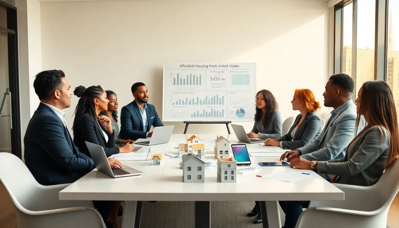 diverse team discussing affordable housing solutions in a modern office.