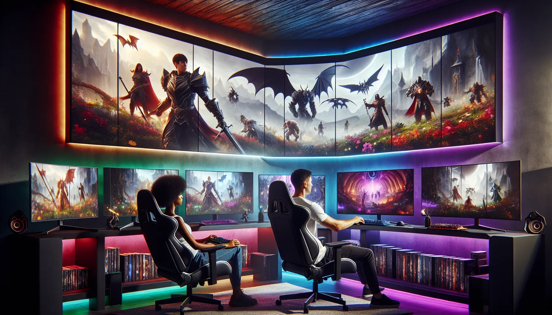 diverse gamers immersed in a dynamic gaming environment.