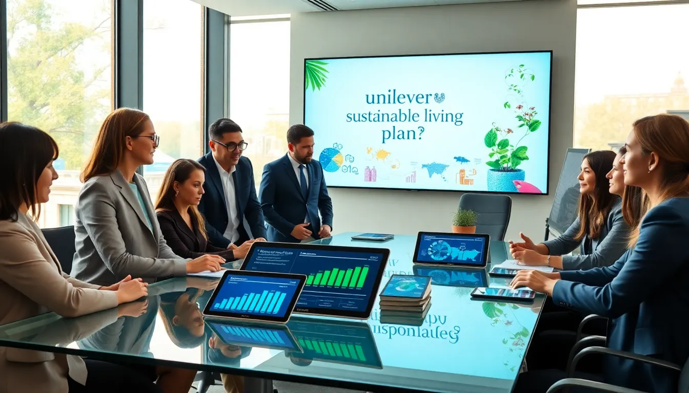 diverse team discussing Unilever's Sustainable Living Plan in a modern office.