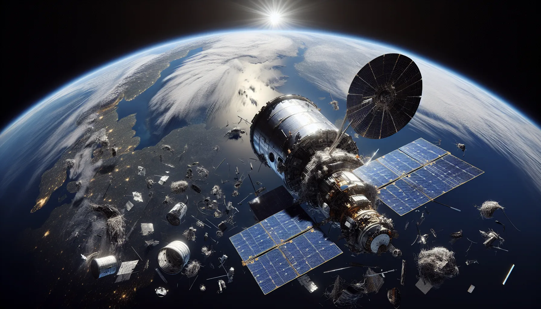 Satellites and space debris crowding low earth orbit above norway’s coastline.