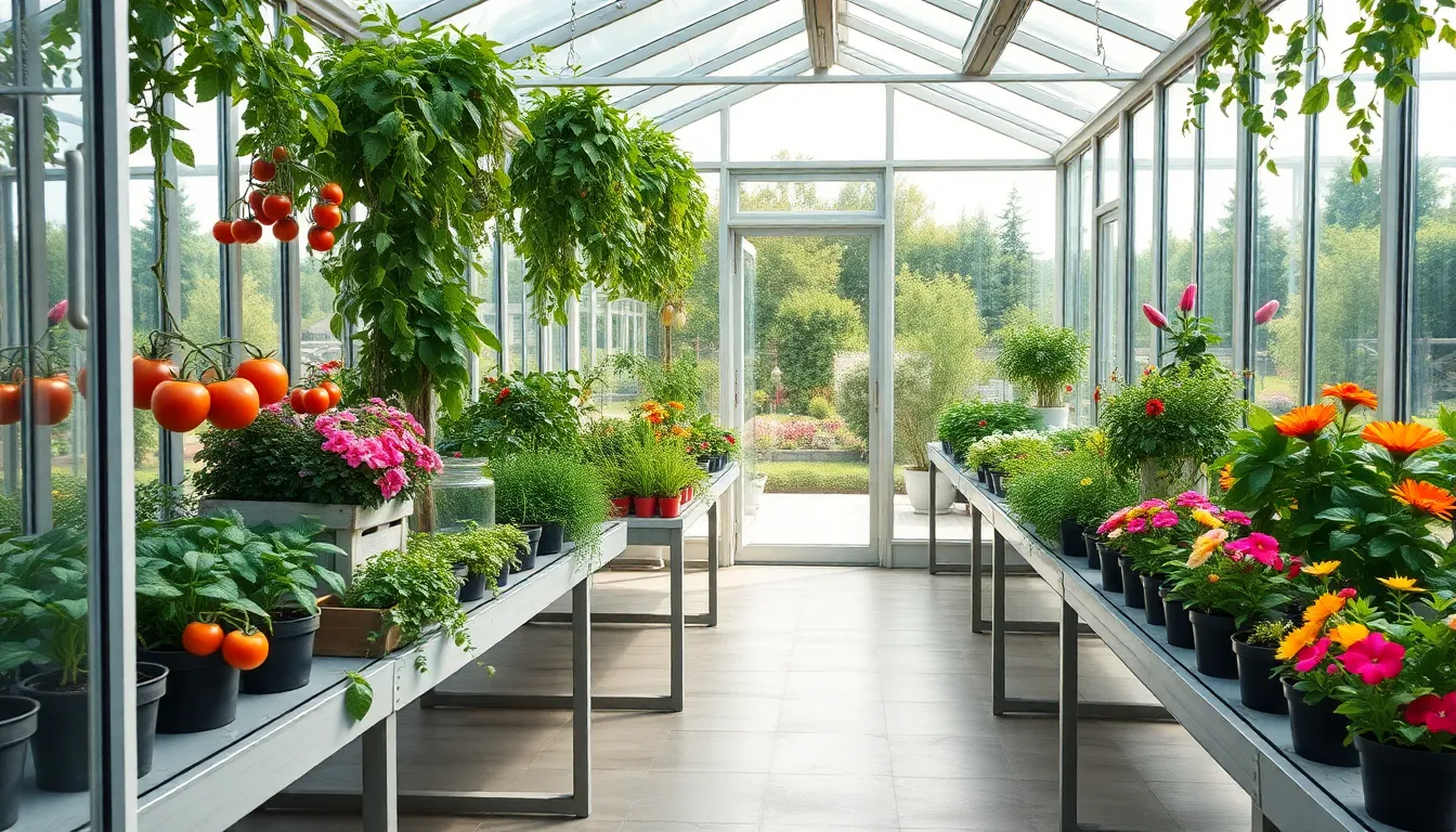 vibrant plants inside a modern gardening greenhouse.