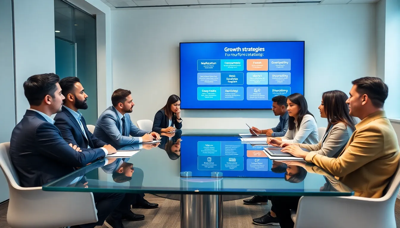diverse team discussing growth strategies in a modern office.