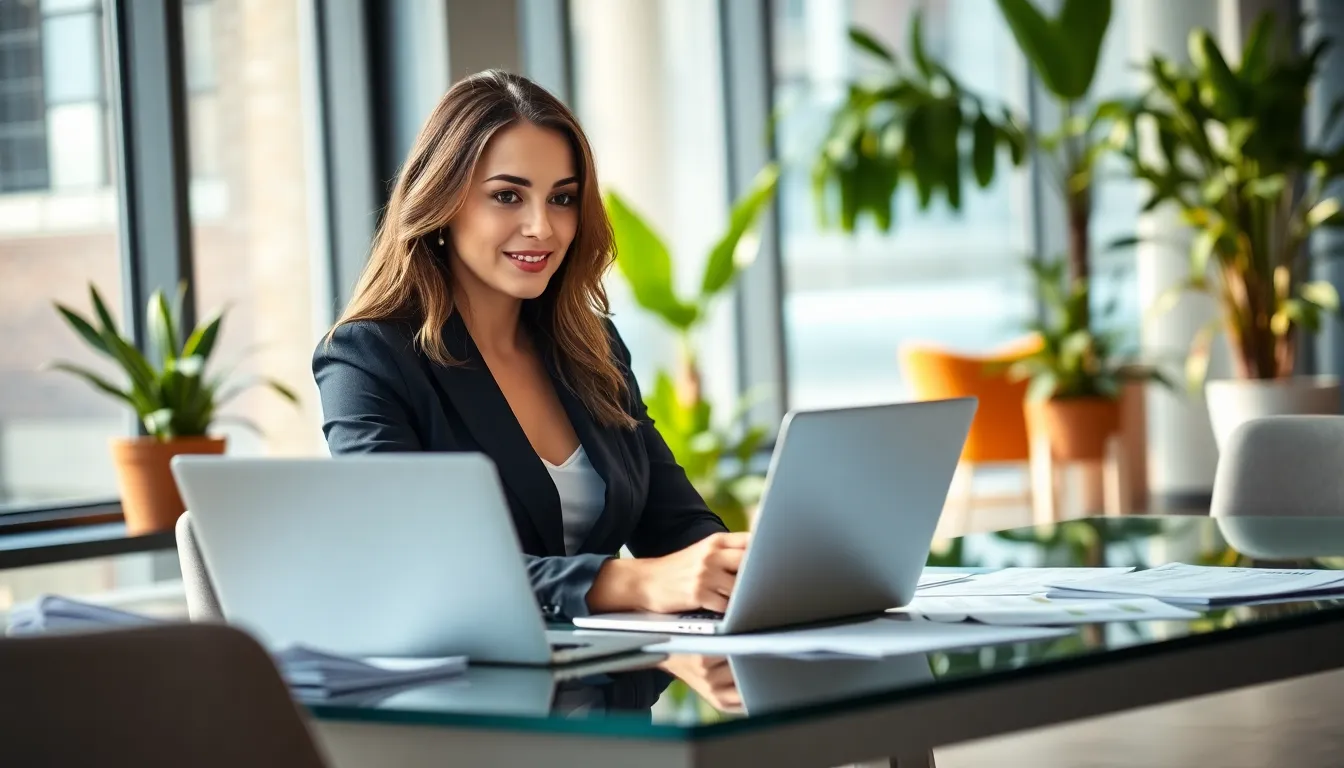 Melanie in a modern office, analyzing financial data on her laptop.