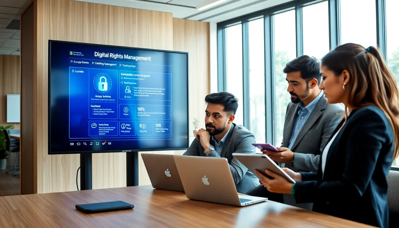 professionals discussing digital rights management tools in a modern office.