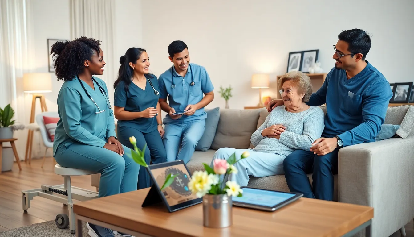 diverse caregivers providing home health care to an elderly woman.
