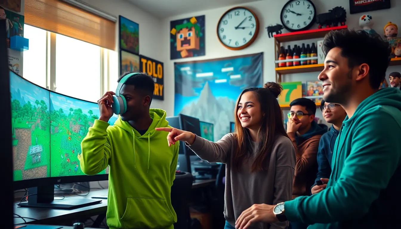 group of gamers in a colorful room playing Java Minecraft.