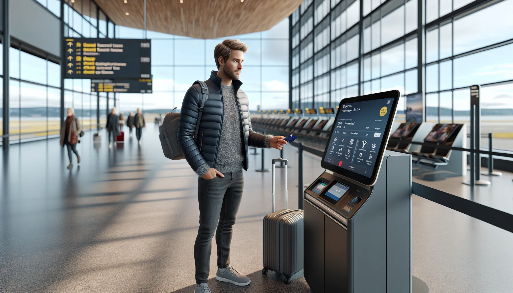 Norwegian traveler using a credit card at airport check-in to save on travel.