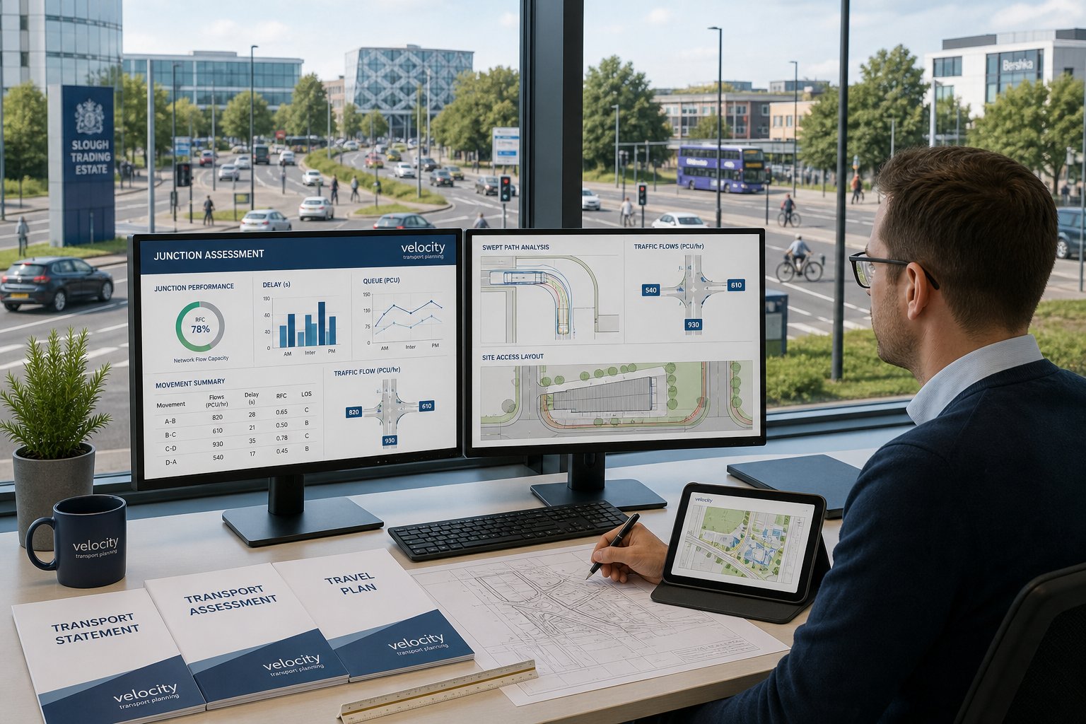 Traffic engineer reviewing transport planning reports in a modern UK office.