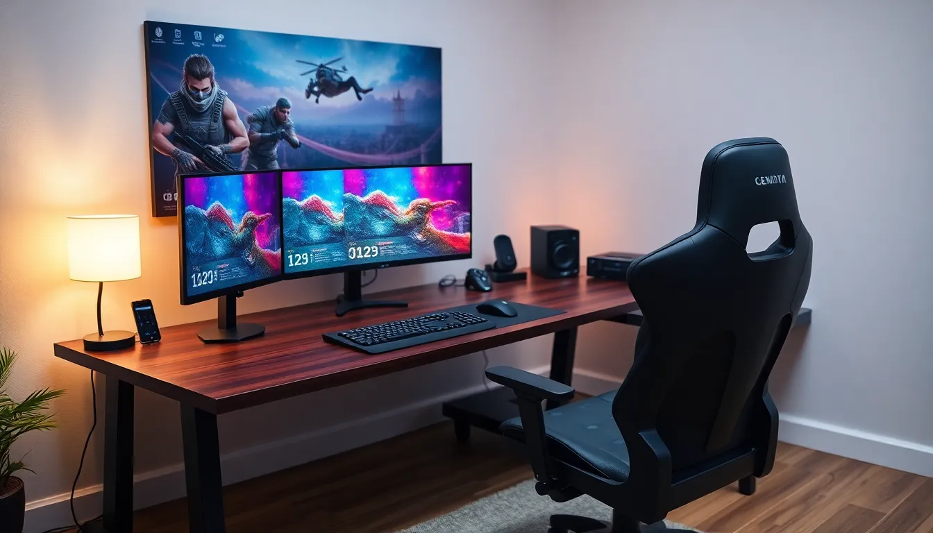 modern L-shaped gaming desk setup in a well-lit office.