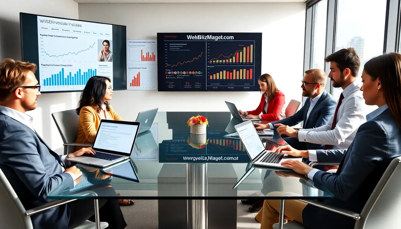 diverse professionals collaborating in a modern workspace on e-business insights.