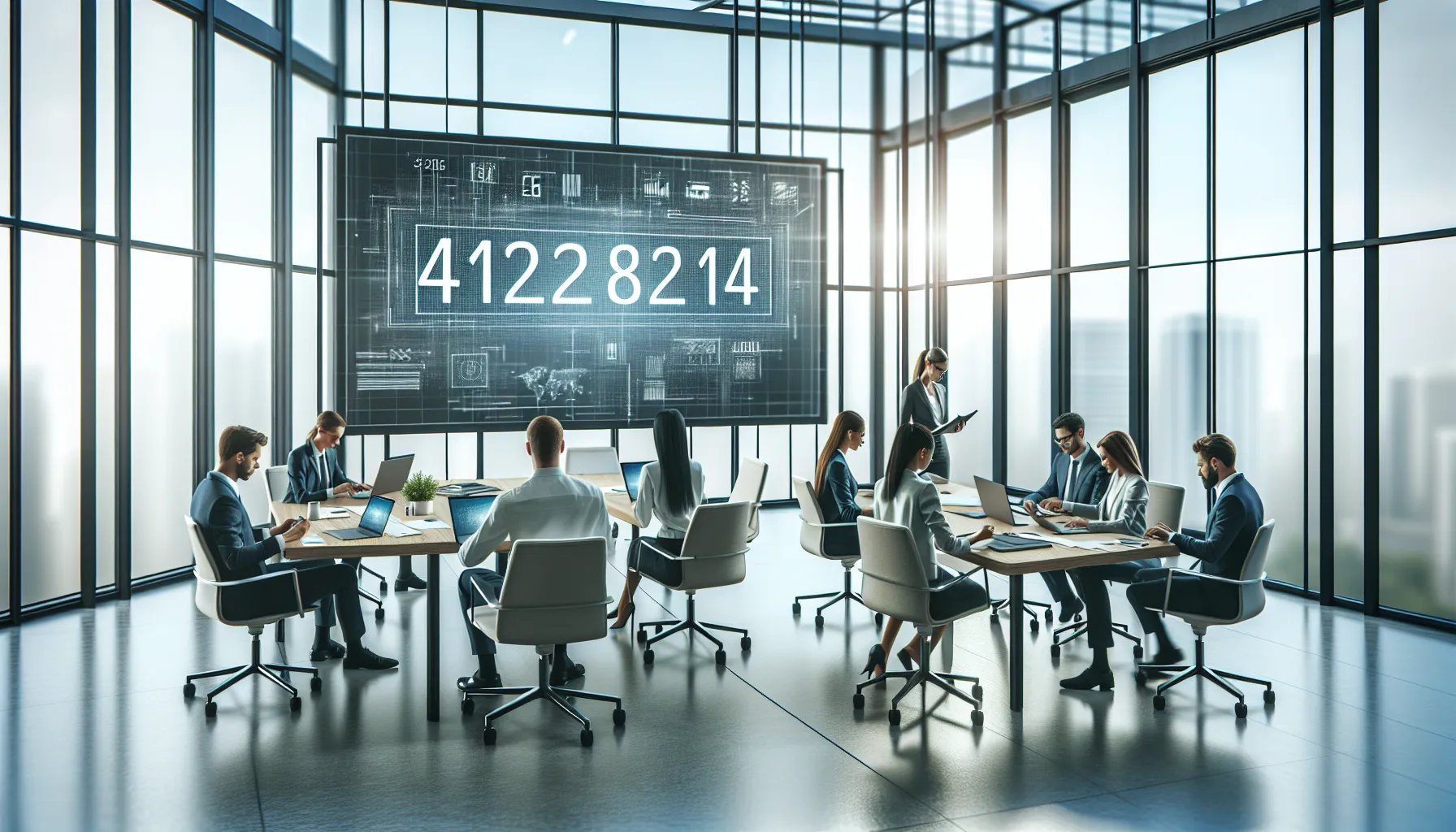 diverse team in a bright office discussing a complex number.