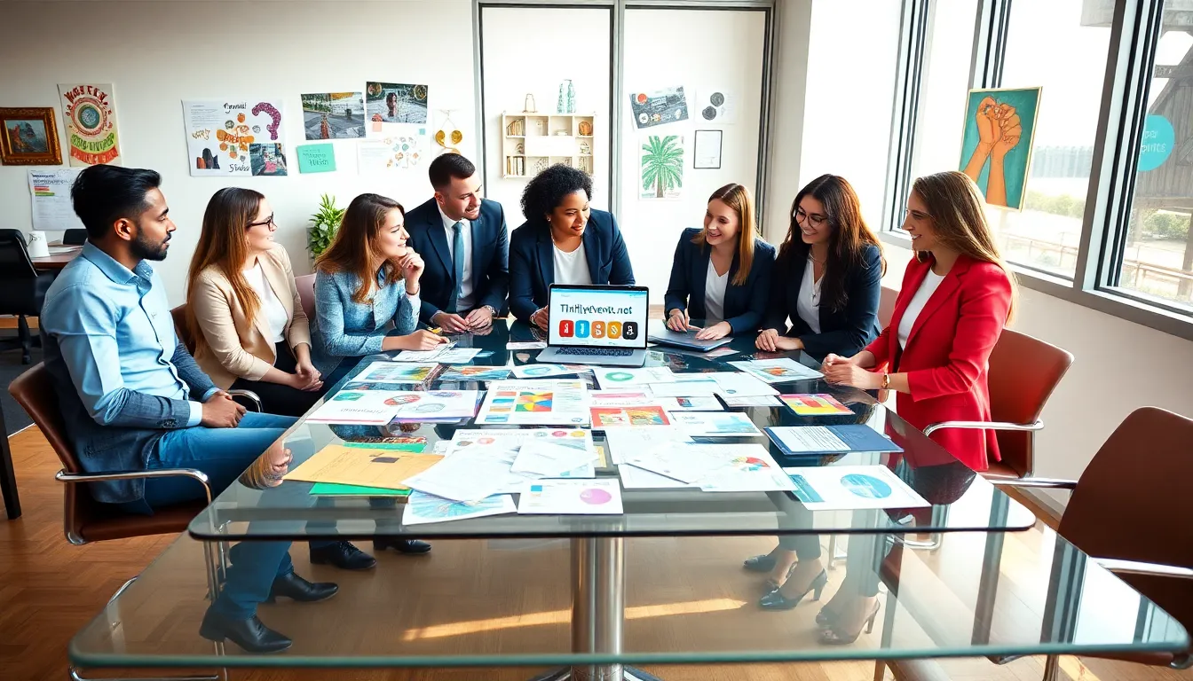 diverse team brainstorming affordable event ideas in a modern office.