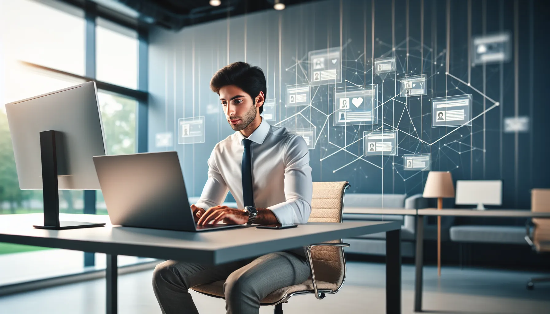 professional in a modern office, engaging with digital platforms.