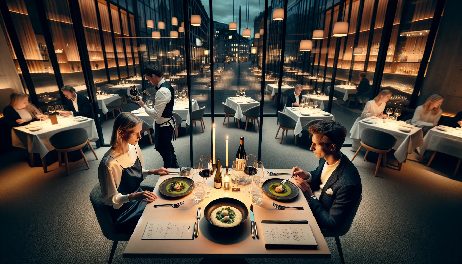 Fine dining table contrasts with lively casual area and a modern bistro bar.