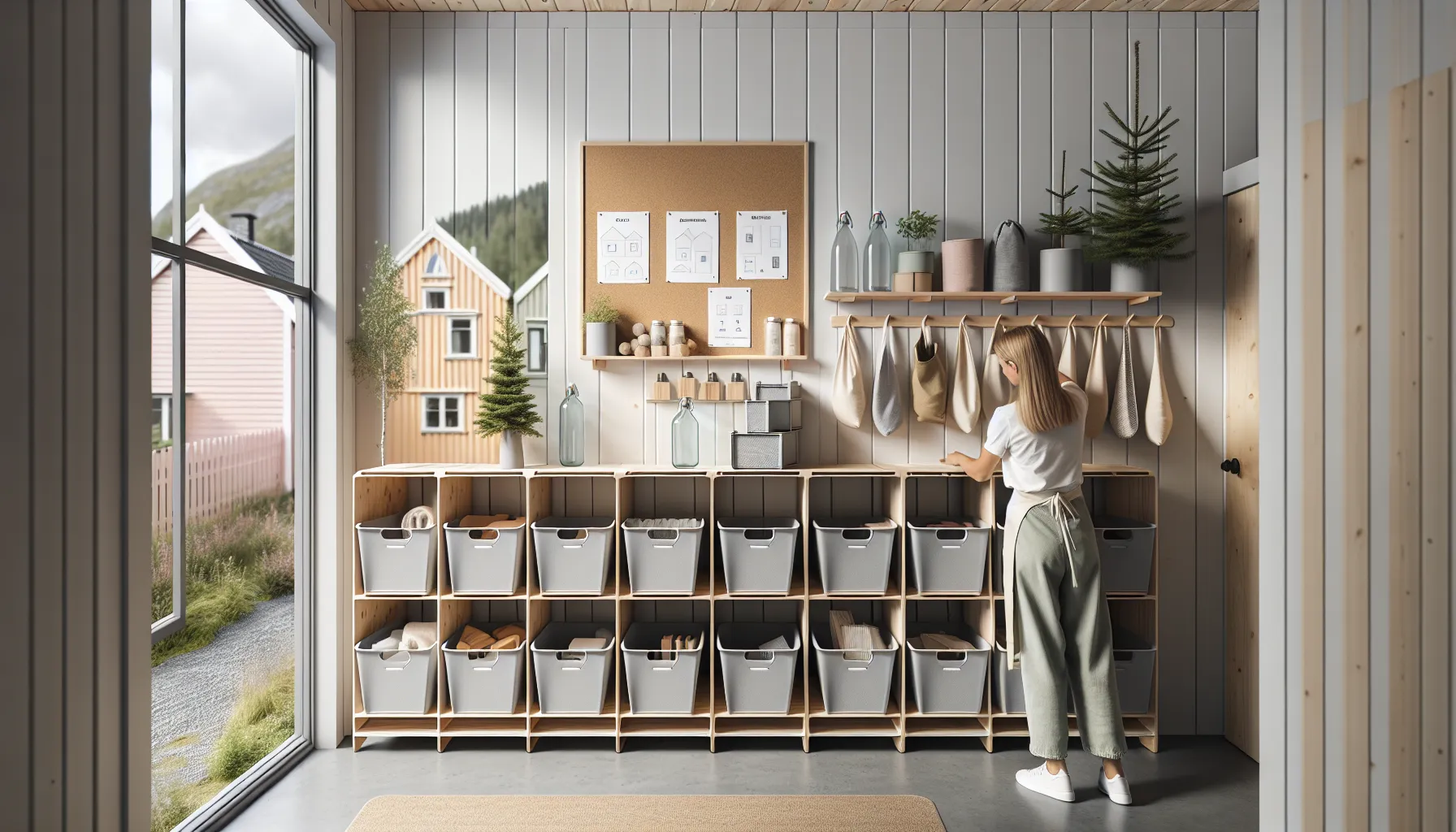 Modular FSC wood and recycled aluminum shelving with eco-labeled storage and refills.