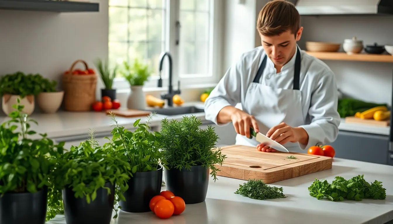 Chef preparing fresh herbs in a modern kitchen setting.