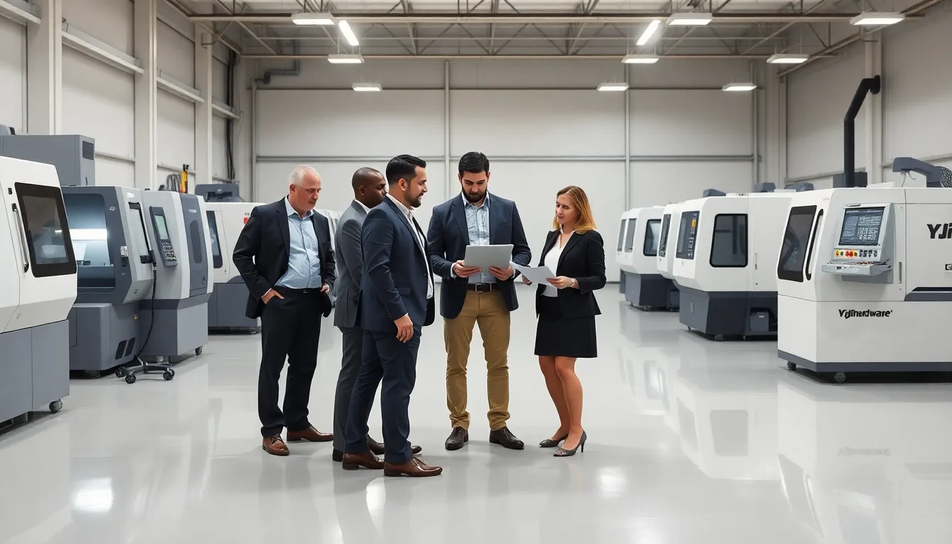 Diverse professionals reviewing CNC machines in a modern workshop.