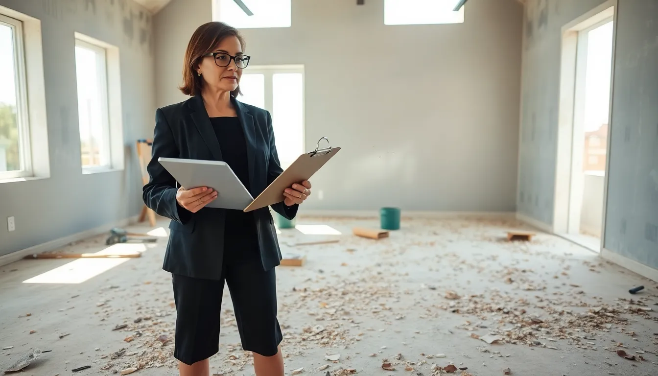a real estate professional assessing dust and debris in a renovated space.