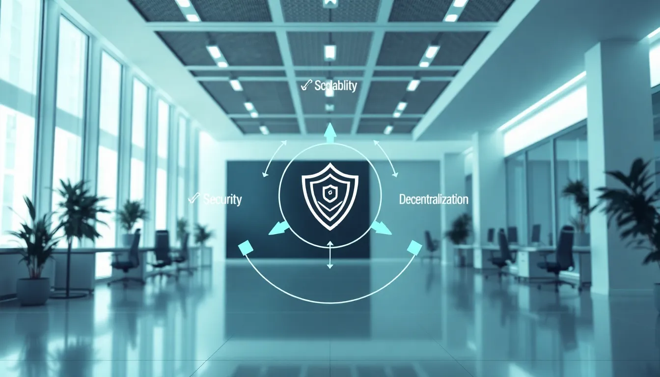 Infographic illustrating the blockchain trilemma with interconnected concepts.